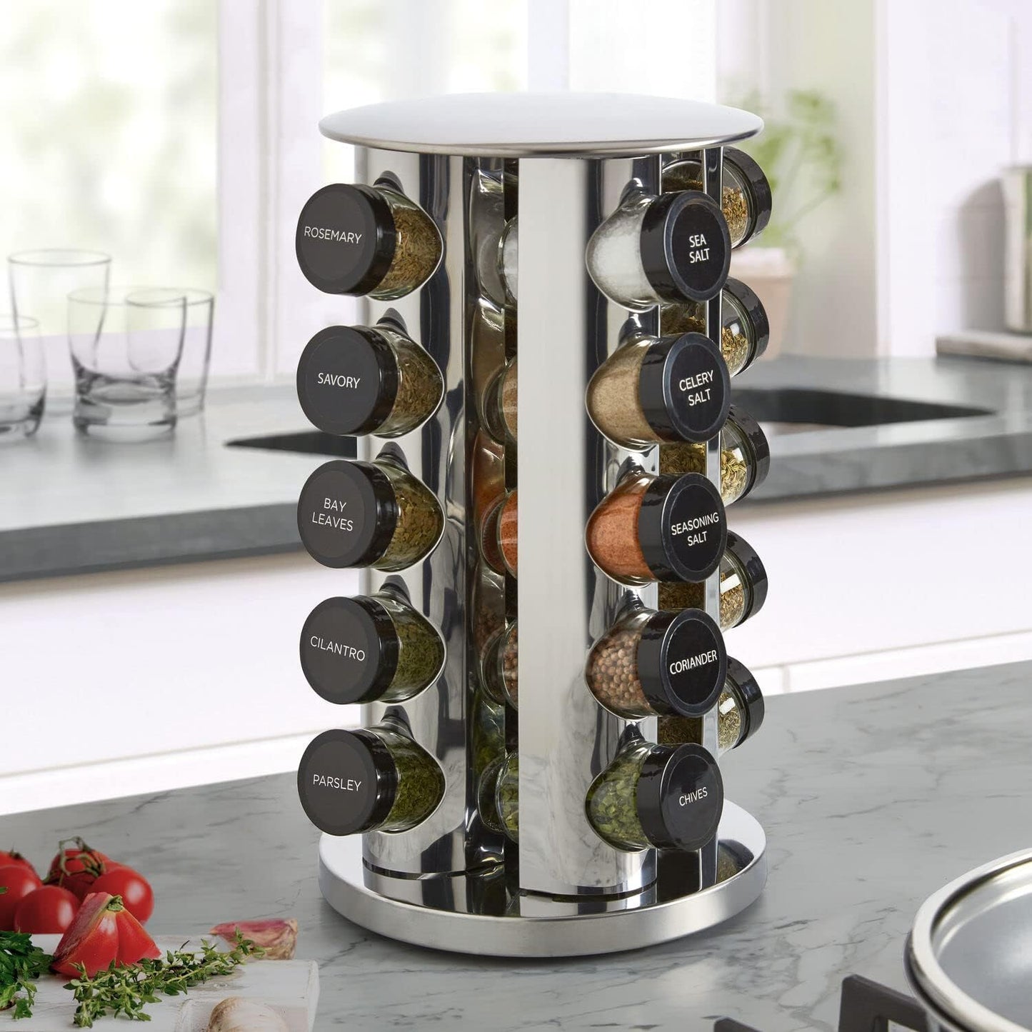 Kamenstein 20 Jar Revolving Countertop Spice Rack with Spices Included, FREE Spice Refills for 5 Years, Polished Stainless Steel with Black Caps, 30020