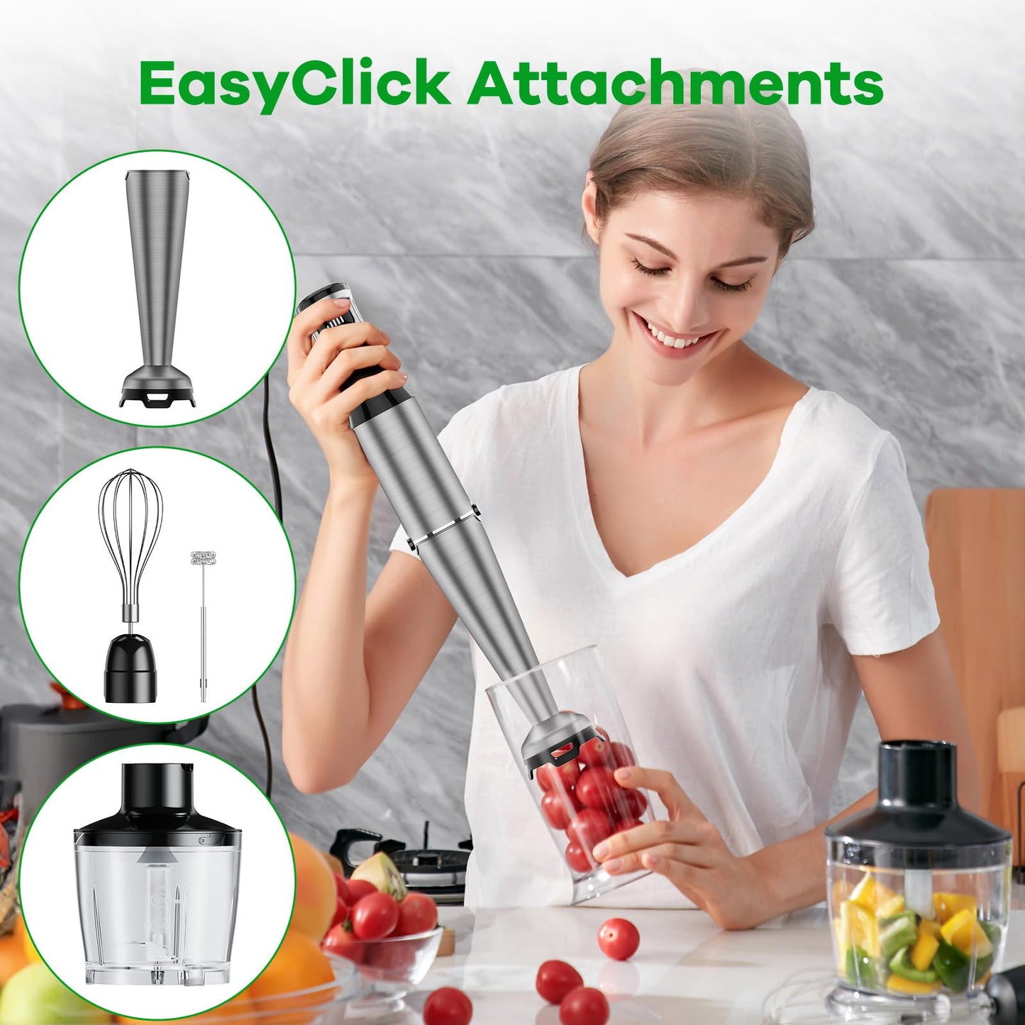 Immersion Blender Handheld Hand Blender 1100W, Trigger Variable Speed 5 in 1 Stick Blender, Emulsion Blender with Chopper, Whisk and Frother for Soup, Baby Food and Smoothies