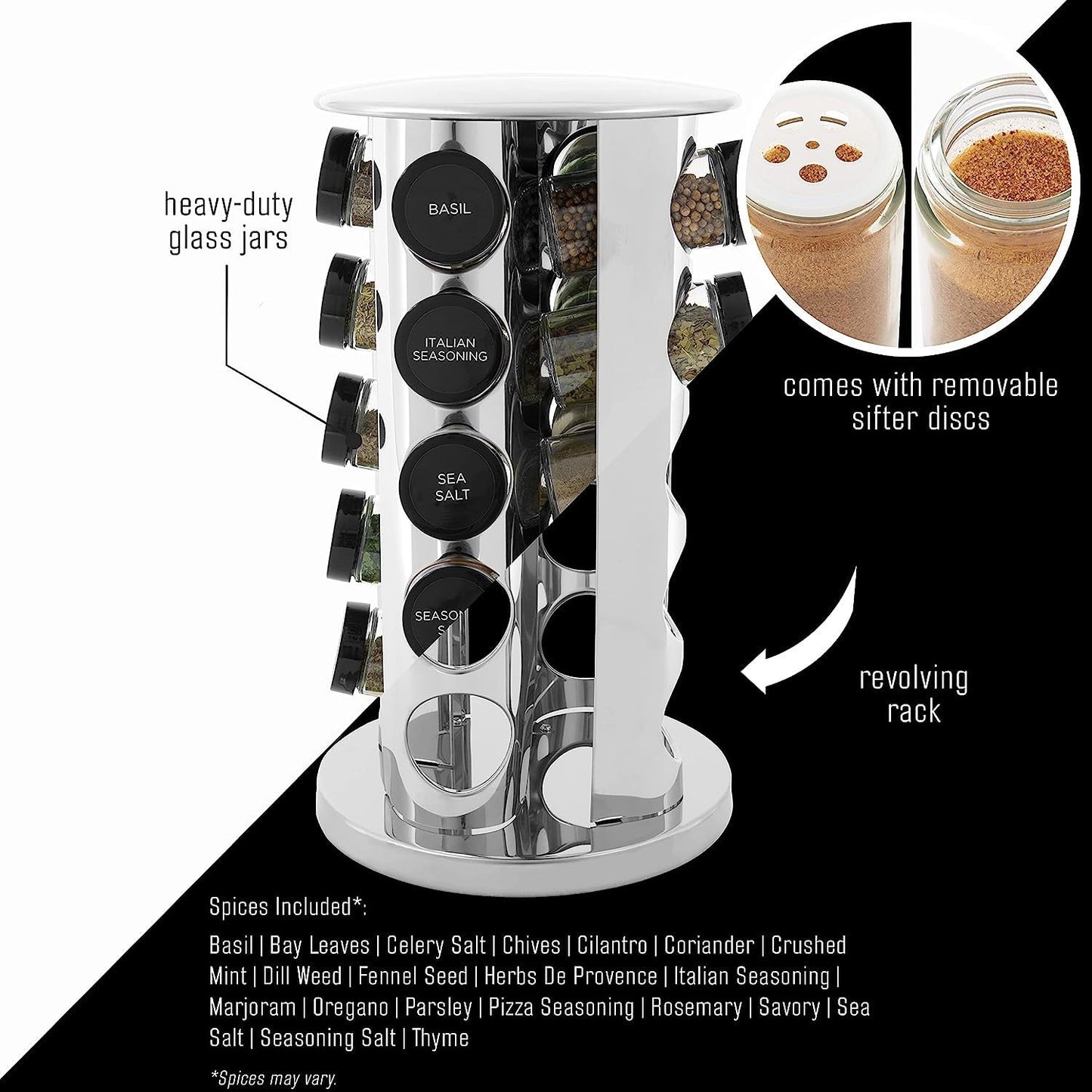 Kamenstein 20 Jar Revolving Countertop Spice Rack with Spices Included, FREE Spice Refills for 5 Years, Polished Stainless Steel with Black Caps, 30020