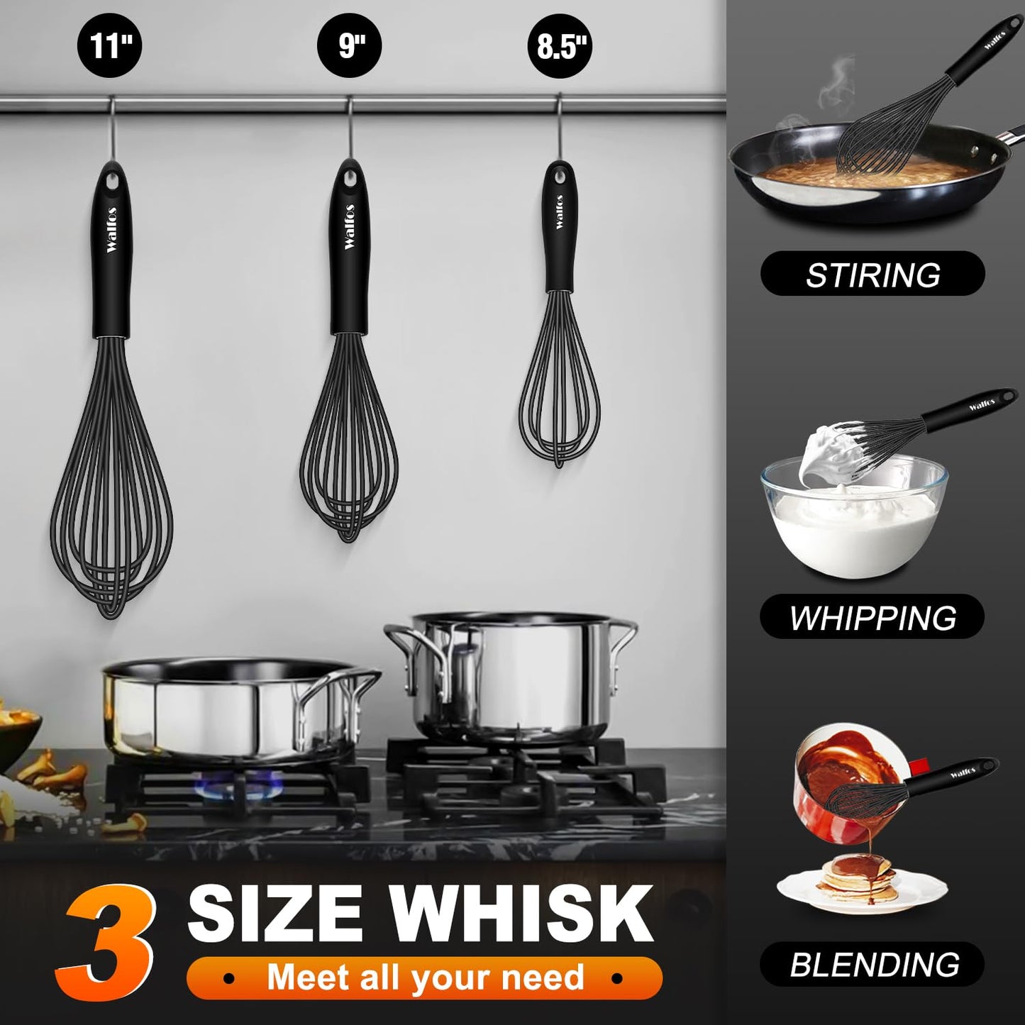 Walfos Silicone Whisk,Stainless Steel Wire Whisk Set of 3 -Heat Resistant 480°F Kitchen Whisks for Non-stick Cookware,Balloon Egg Beater Perfect for Blending,Whisking,Beating,Frothing & Stirring,Black