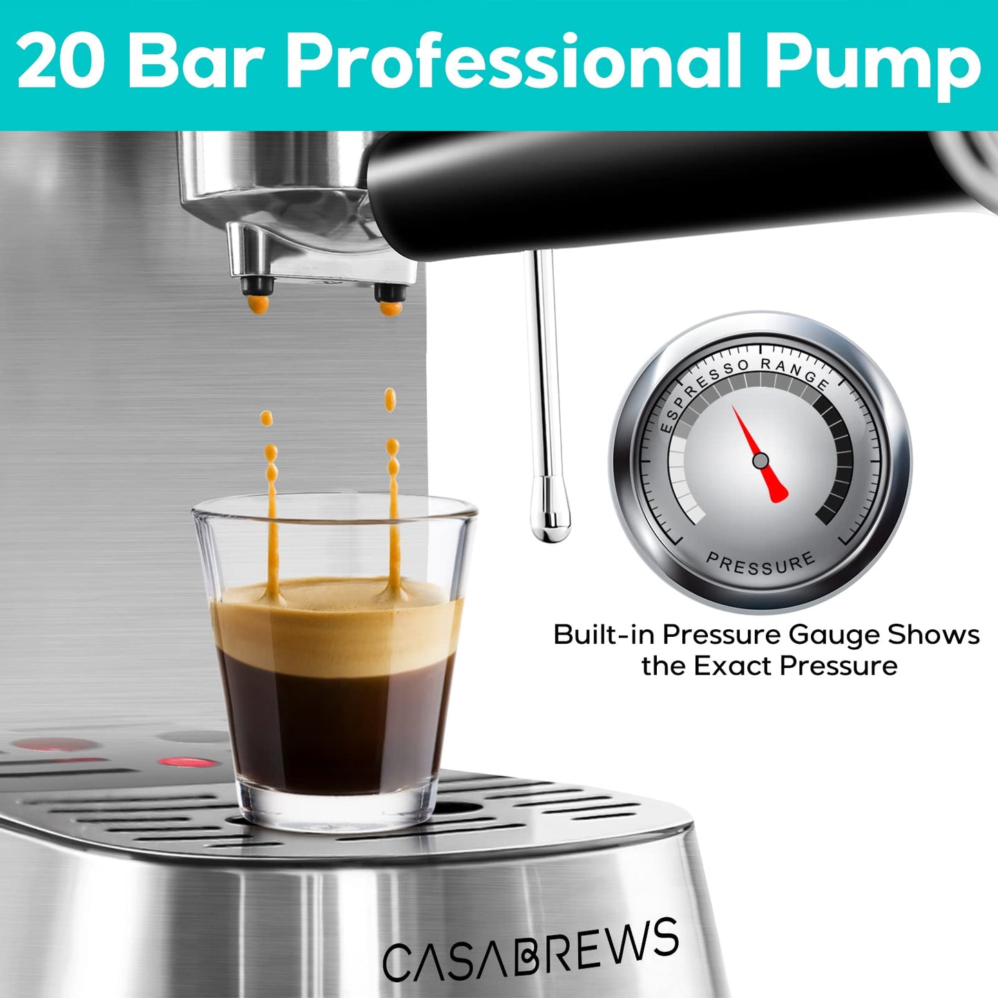 CASABREWS Espresso Machine 20 Bar, Professional Espresso Maker with Milk Frother Steam Wand, Compact Espresso Coffee Machine with 34oz Removable Water Tank for Cappuccino, Latte, Silver