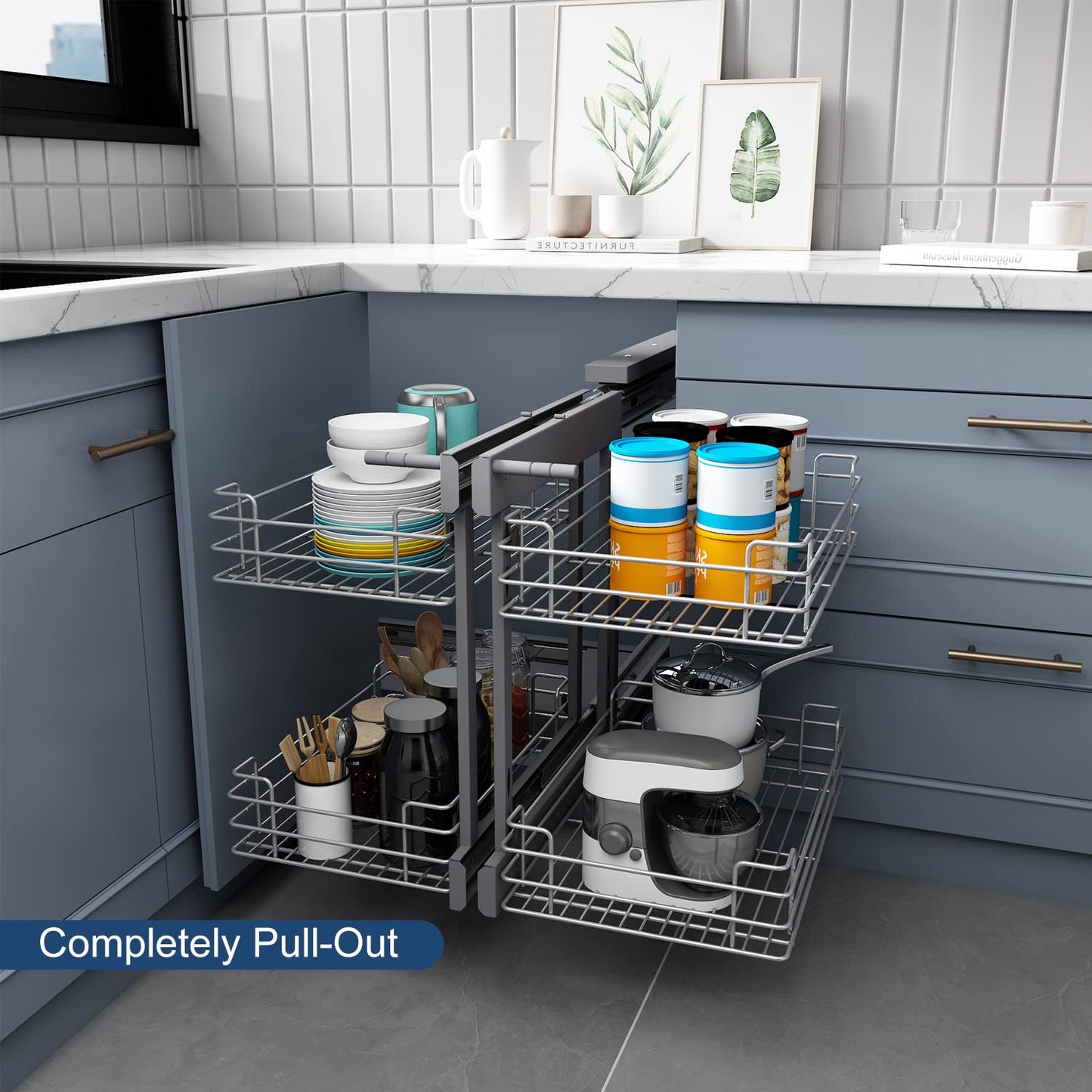 VADANIA Blind Corner Pull Out Organizer for 32" Cabinet, Left Open & Right Open Compatible, Min Opening 14", 2-tier Pull-out Basket, Soft Close, Bottom Mount