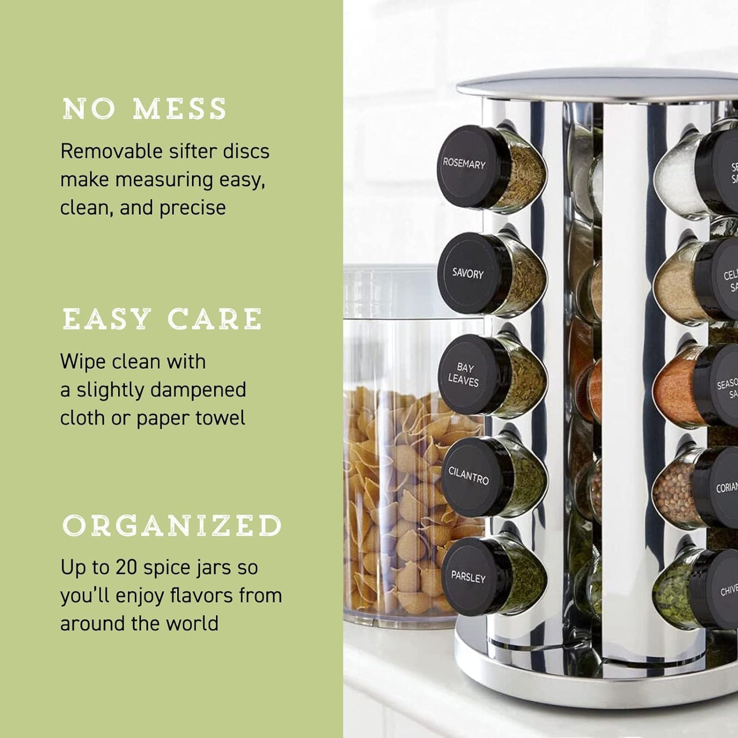 Kamenstein 20 Jar Revolving Countertop Spice Rack with Spices Included, FREE Spice Refills for 5 Years, Polished Stainless Steel with Black Caps, 30020