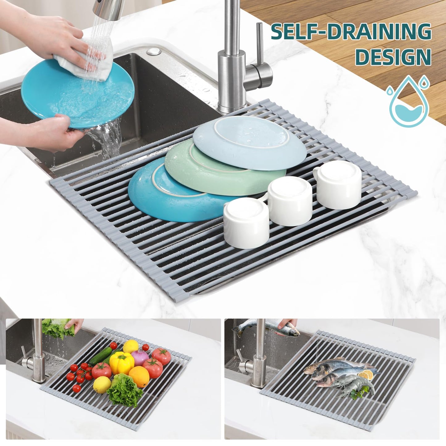 Ohuhu Over Sink Dish Drying Rack, Silicone Wrapped 17.6" L x 15.4" W Large Over The Sink Roll Up Dish Drainer - Foldable Sink Drying Rack Rolling Drain Mats Anti-Slip Multipurpose for Kitchen Counter