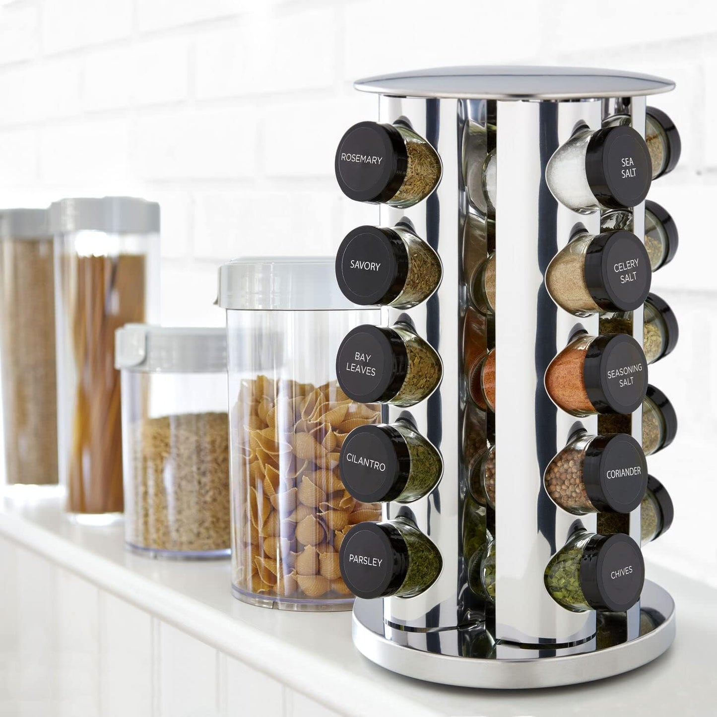 Kamenstein 20 Jar Revolving Countertop Spice Rack with Spices Included, FREE Spice Refills for 5 Years, Polished Stainless Steel with Black Caps, 30020