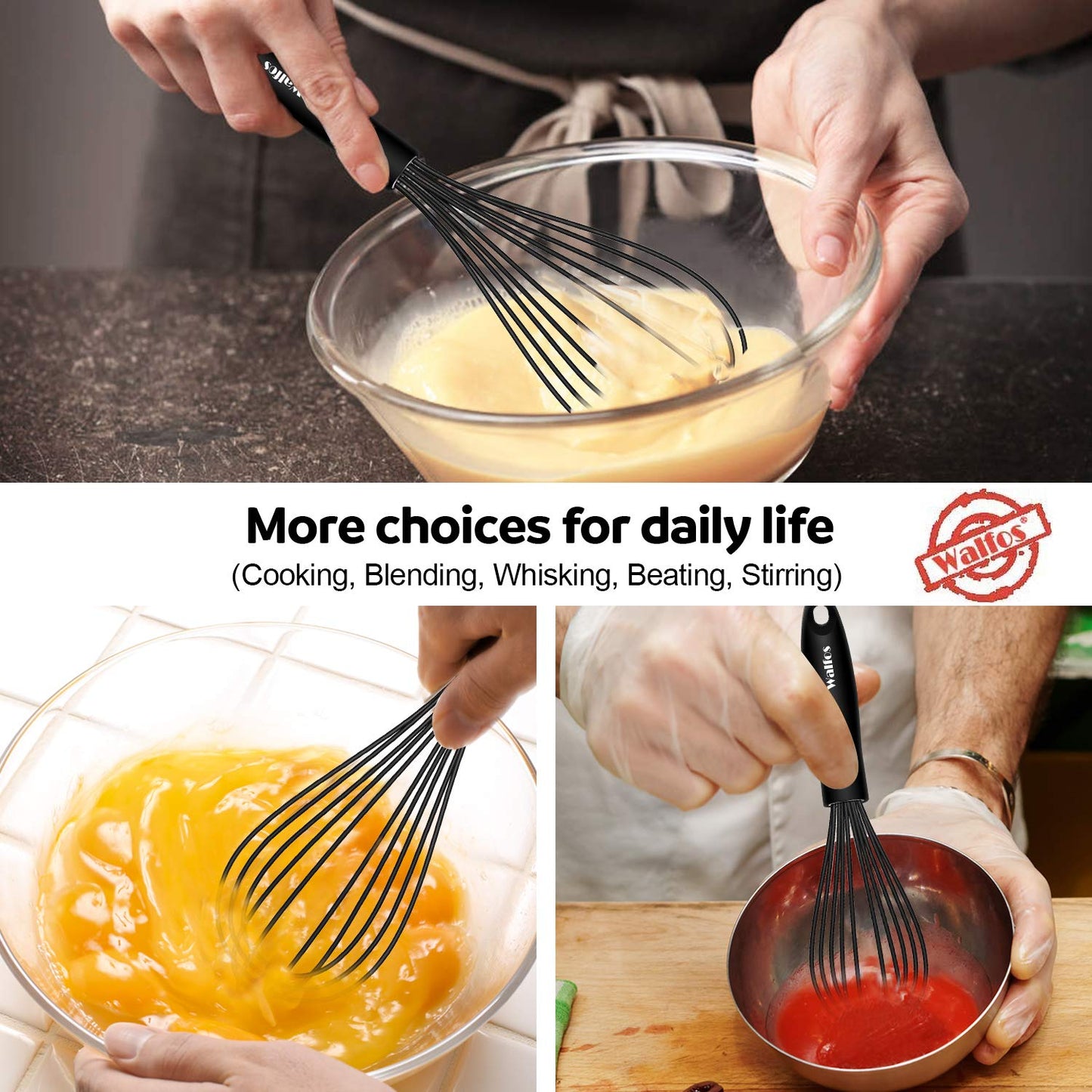 Walfos Silicone Whisk,Stainless Steel Wire Whisk Set of 3 -Heat Resistant 480°F Kitchen Whisks for Non-stick Cookware,Balloon Egg Beater Perfect for Blending,Whisking,Beating,Frothing & Stirring,Black