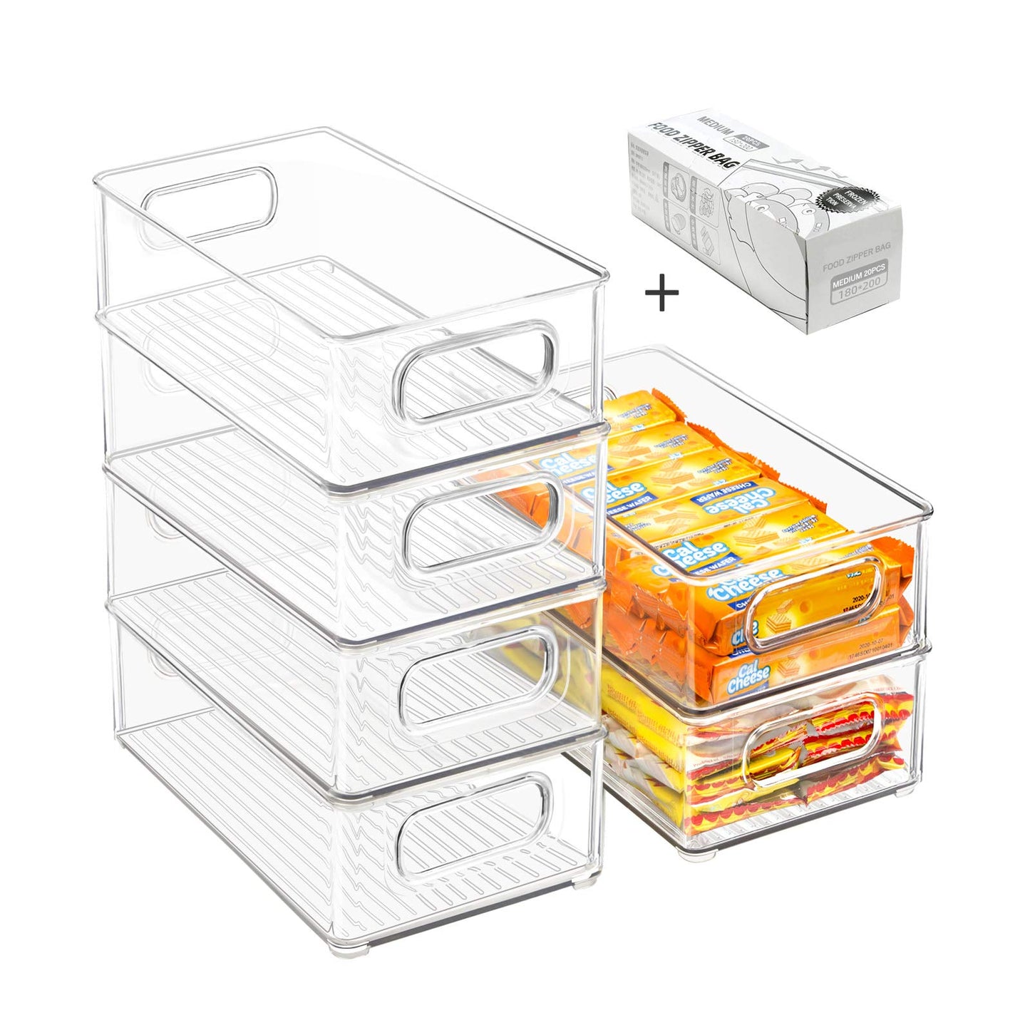 Stackable Refrigerator Organizer Bins, 6 Pack Clear Kitchen Organizer Container Bins with Handles and 20 PCS Plastic Bags for Pantry, Cabinets, Shelves, Drawer, Freezer - Food Safe, BPA Free 10"L