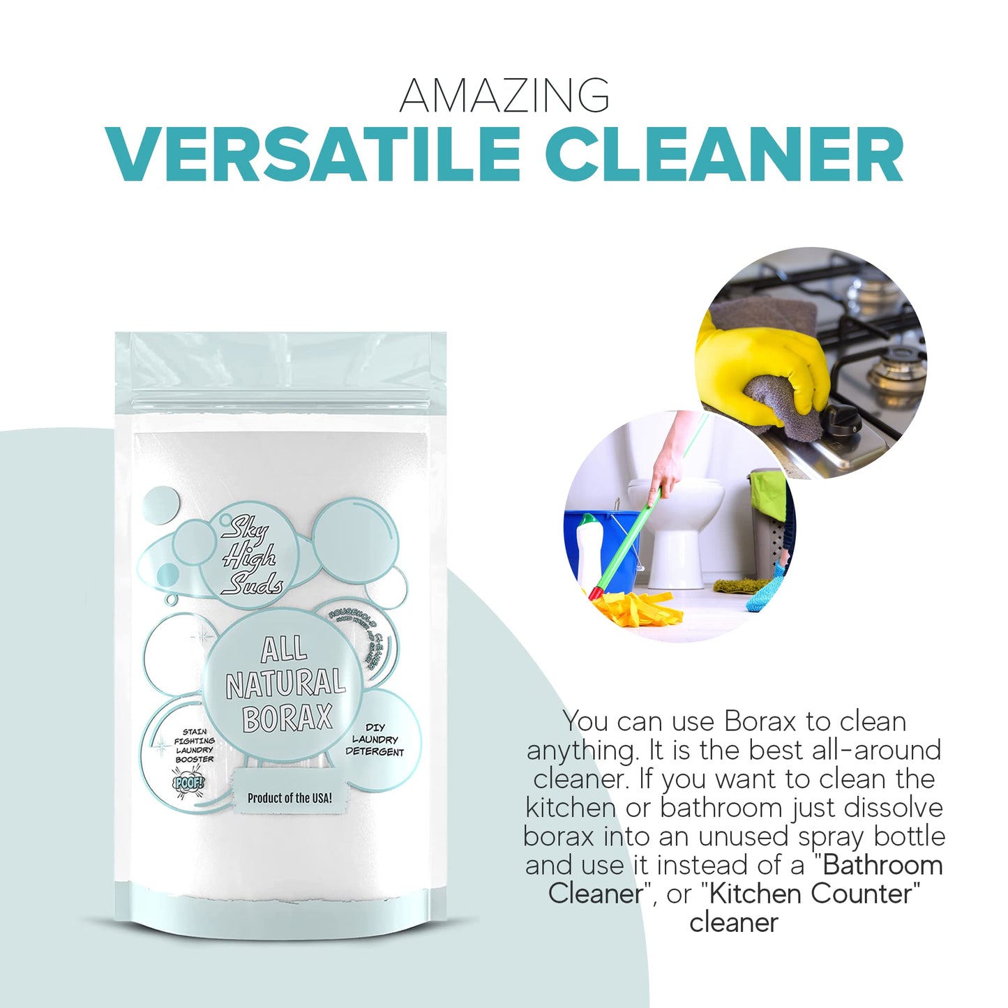 SKY HIGH SUDS 2 Pounds Natural Borax, Product of the USA. All-Purpose Cleaner and Laundry Booster. Resealable and Recyclable Bag. (2 Pound, Natural)