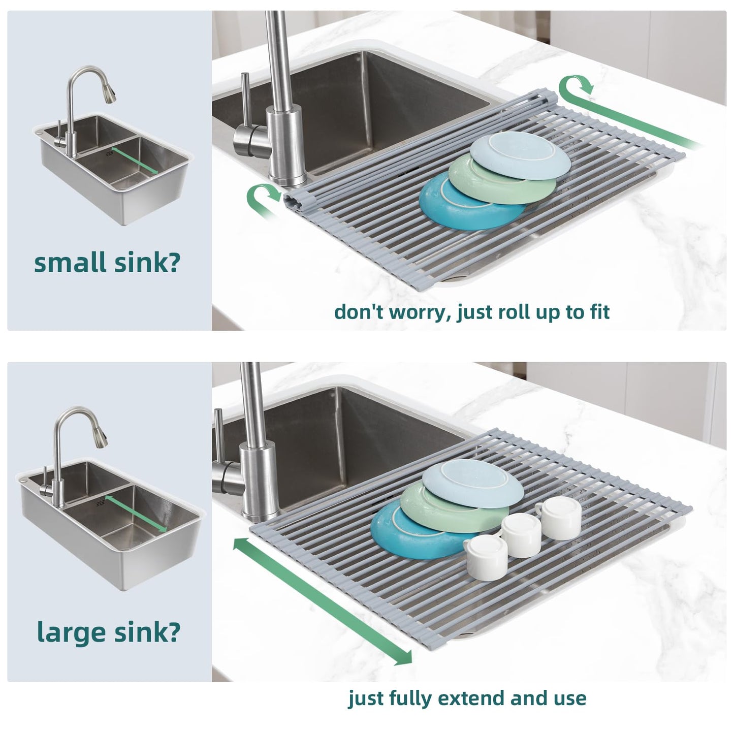 Ohuhu Over Sink Dish Drying Rack, Silicone Wrapped 17.6" L x 15.4" W Large Over The Sink Roll Up Dish Drainer - Foldable Sink Drying Rack Rolling Drain Mats Anti-Slip Multipurpose for Kitchen Counter