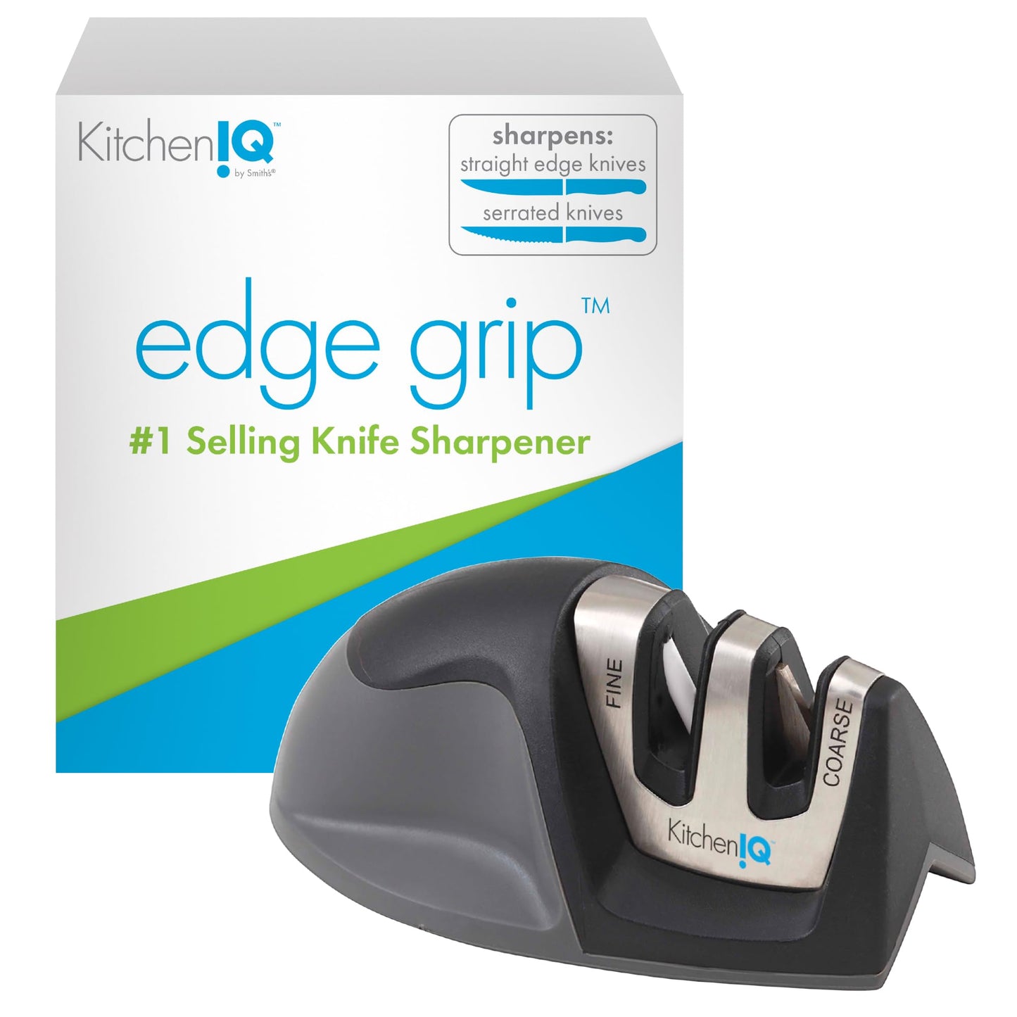 KitchenIQ 50009 Edge Grip 2-Stage Knife Sharpener in Black, Coarse & Fine Sharpens Compact Knives for Easy Sharpening, Stable Non-Slip Rubber Handle, Straight & Serrated Knives