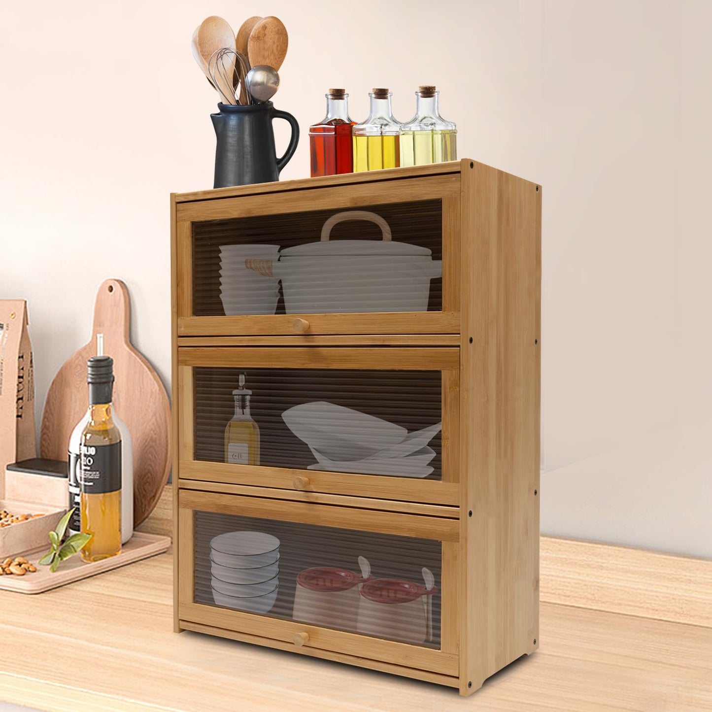 HYYKJ-US Small Bamboo Kitchen Pantry Sideboard with Acrylic Door Freestanding Countertop Storage Cabinet Spice Condiment Organizer for Dinning Bedroom Living Room