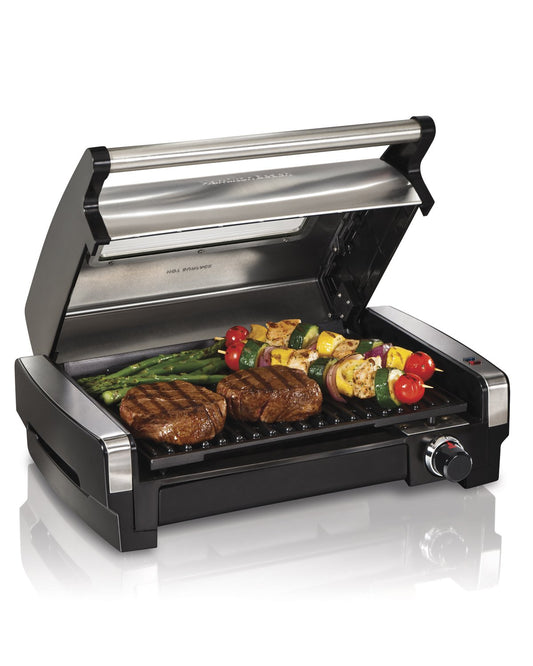 Hamilton Beach 25361 Electric Indoor Searing Grill with Removable Easy-to-Clean Nonstick Plate, Viewing Window, Stainless Steel (Renewed)