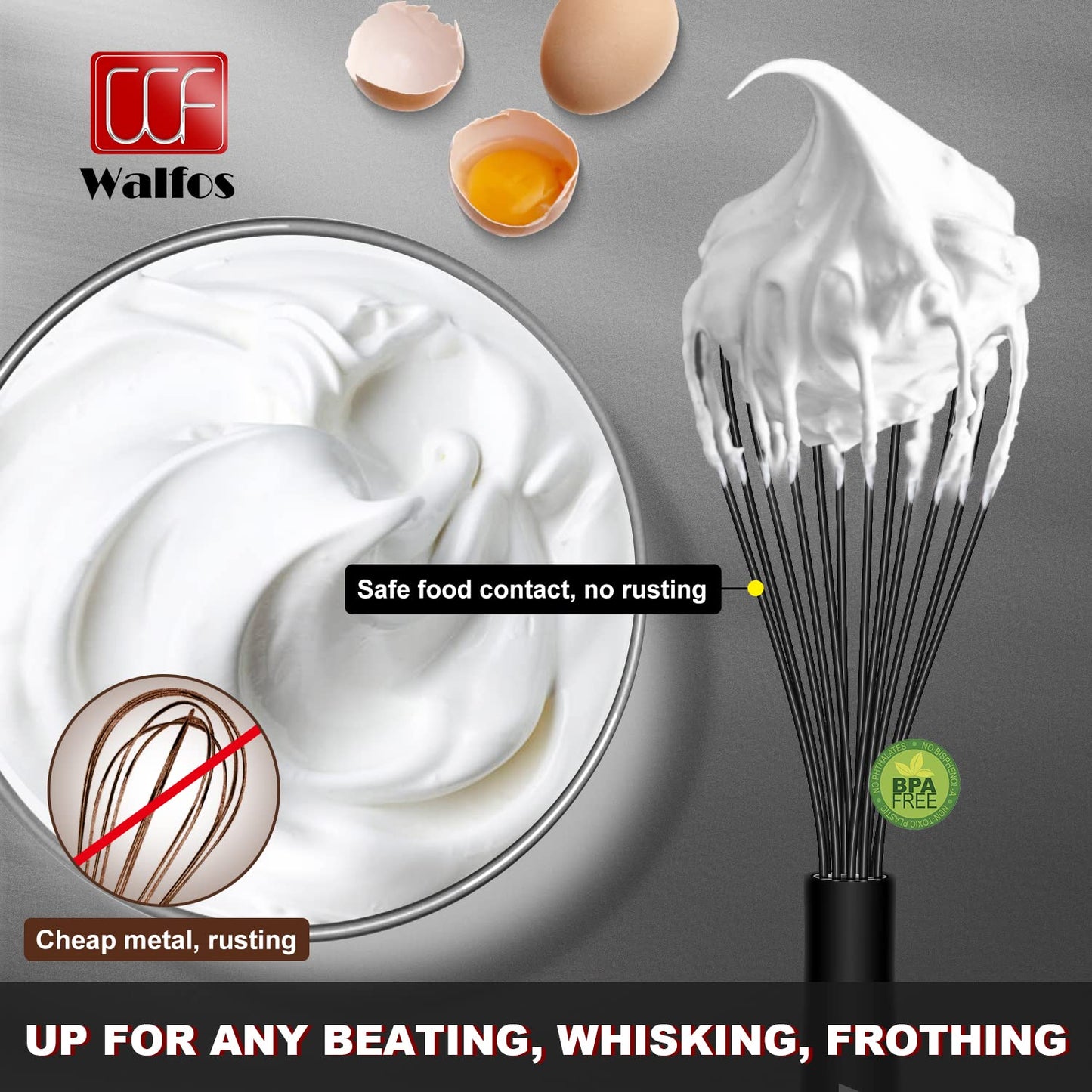 Walfos Silicone Whisk,Stainless Steel Wire Whisk Set of 3 -Heat Resistant 480°F Kitchen Whisks for Non-stick Cookware,Balloon Egg Beater Perfect for Blending,Whisking,Beating,Frothing & Stirring,Black