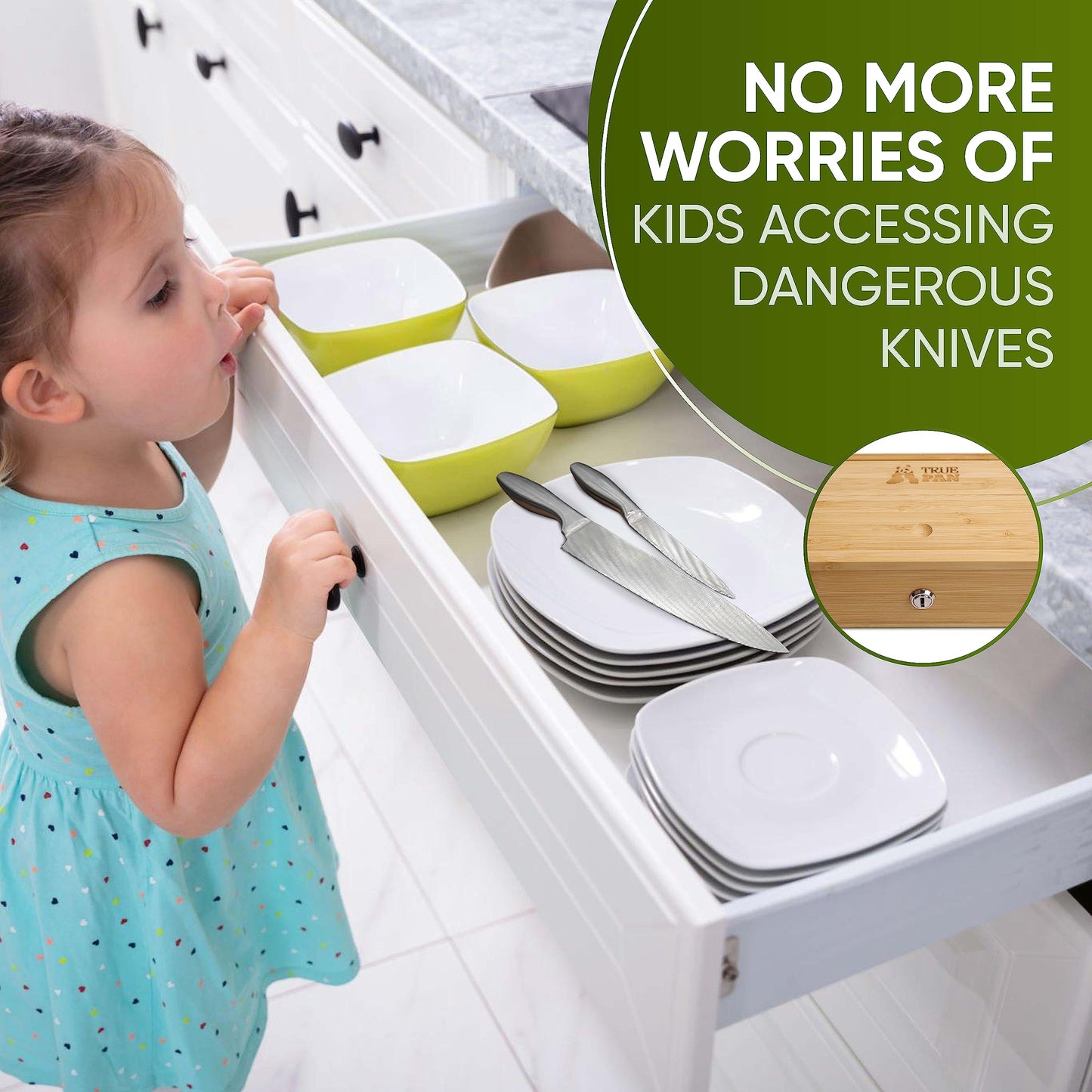 Kid Safe In-Drawer Bamboo Sharp Knives Holder & Organizer. (Knives Not Included). Multi Purpose Lock Box. Only 5.5 Inches Wide. Holds up tp 25 Knives. Best Knife Block Alternative!