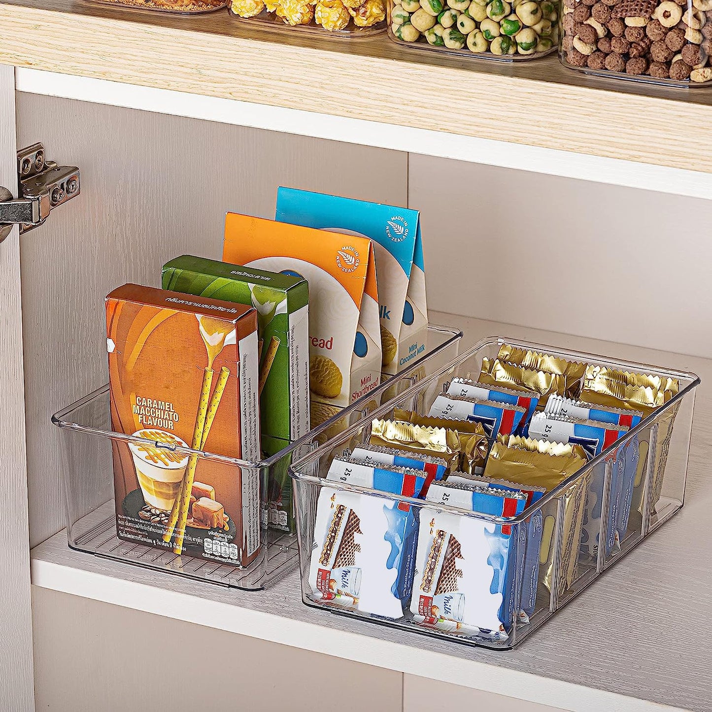 Vtopmart 8 Pack Food Storage Organizer Bins, Clear Plastic Bins for Pantry, Kitchen, Fridge, Cabinet Organization and Storage, 4 Compartment Holder for Packets, Snacks, Pouches, Spice Packets