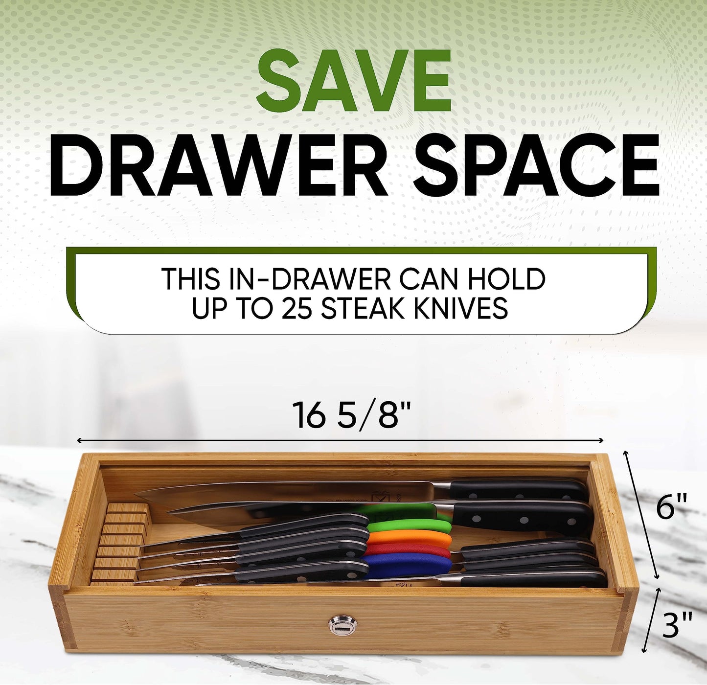 Kid Safe In-Drawer Bamboo Sharp Knives Holder & Organizer. (Knives Not Included). Multi Purpose Lock Box. Only 5.5 Inches Wide. Holds up tp 25 Knives. Best Knife Block Alternative!