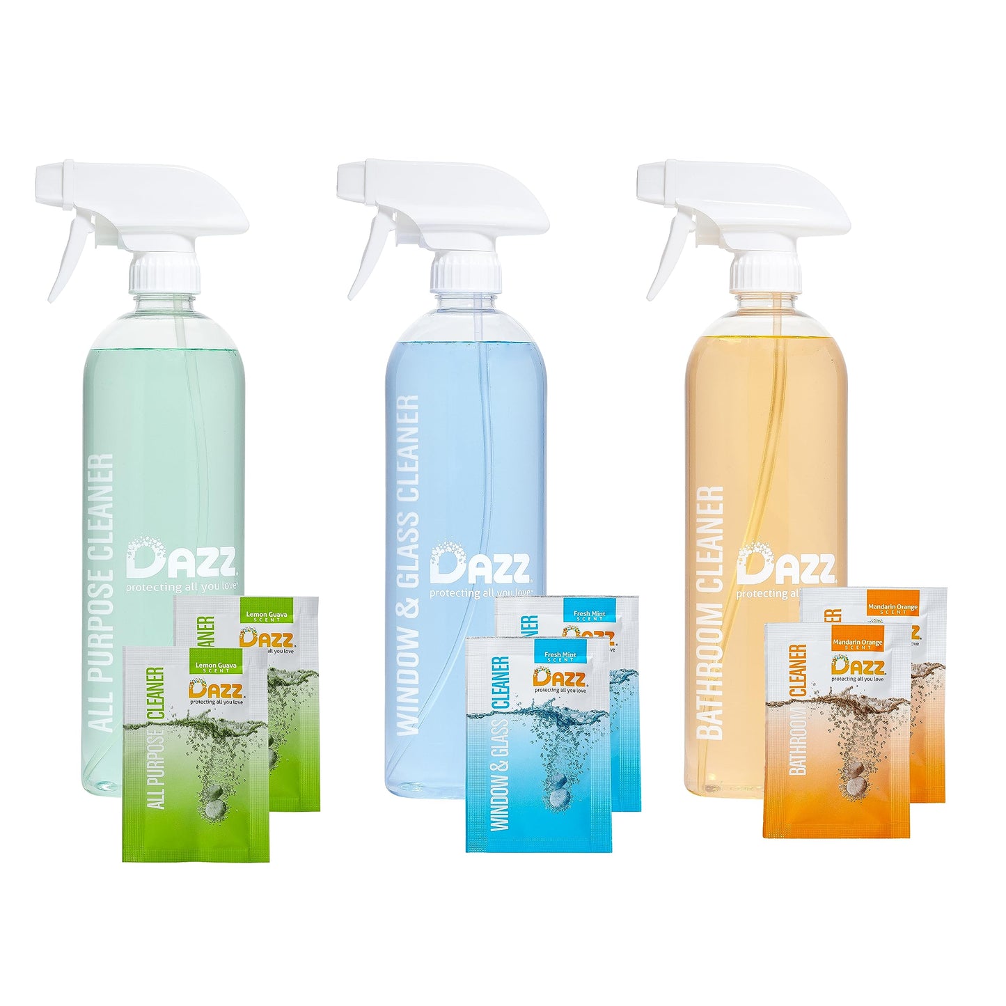 Dazz Whole House Starter Kit (3 Reusable Spray Bottles, 6 Refills) Natural All Purpose Cleaner, Glass and Window Cleaner, and Bathroom Cleaner - Eco Friendly, Non Toxic