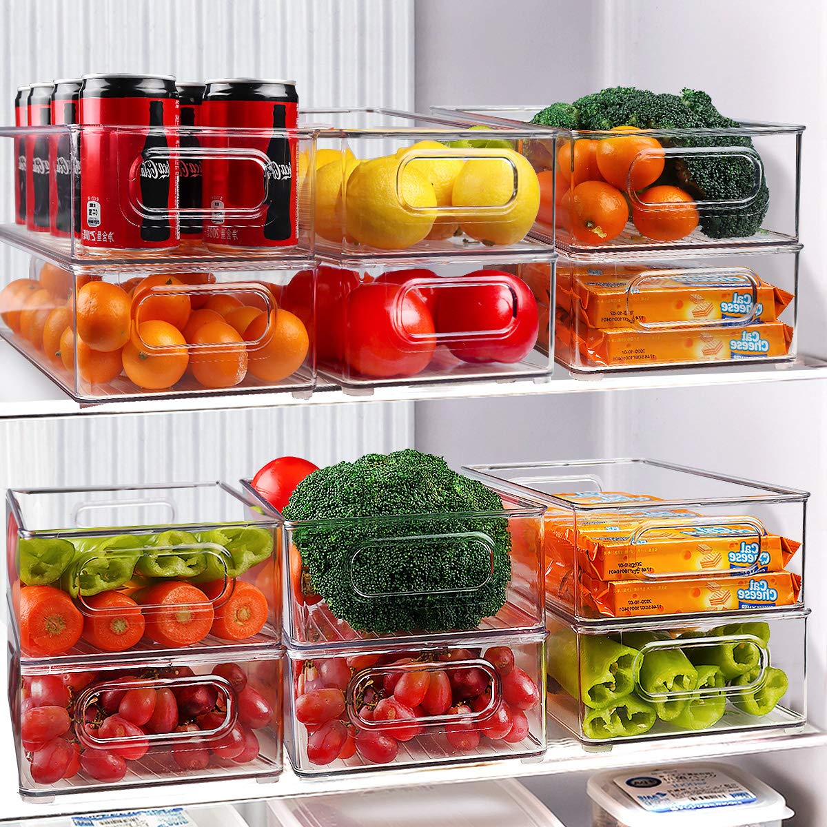 Stackable Refrigerator Organizer Bins, 6 Pack Clear Kitchen Organizer Container Bins with Handles and 20 PCS Plastic Bags for Pantry, Cabinets, Shelves, Drawer, Freezer - Food Safe, BPA Free 10"L