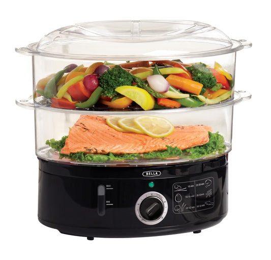 BELLA Two Tier Food Steamer with Dishwasher Safe Lids and Stackable Baskets & Removable Base for Fast Simultaneous Cooking - Auto Shutoff & Boil Dry Protection, Stainless Steel, 7.4 QT, Black