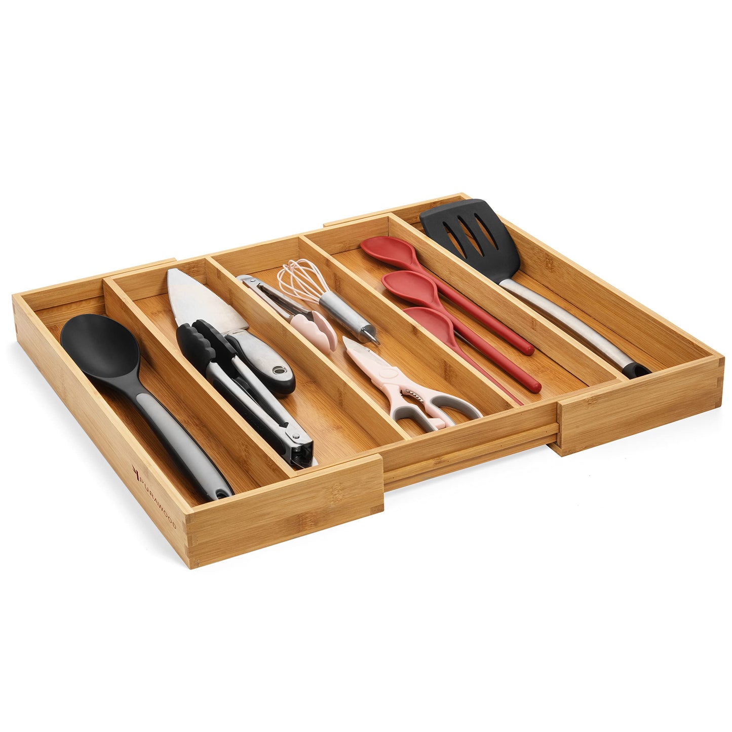 Purawood - Large Premium Bamboo Silverware Organizer - Expandable Kitchen Drawer & Utensil Organizer, 17.5" x 19.75" Cutlery Tray with Drawer Dividers for Kitchen Flatware (3-5 Slots) (Natural)