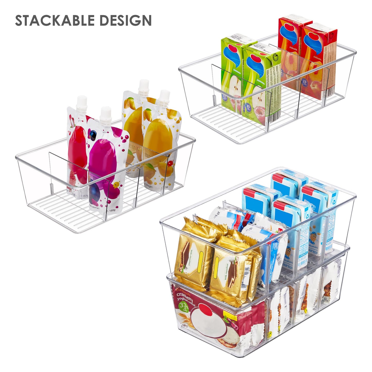 Vtopmart 8 Pack Food Storage Organizer Bins, Clear Plastic Bins for Pantry, Kitchen, Fridge, Cabinet Organization and Storage, 4 Compartment Holder for Packets, Snacks, Pouches, Spice Packets