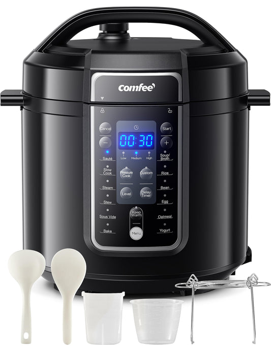 COMFEE’ 9-in-1 Electric Pressure Cooker 14 Presets Instant Multi Cooker Olla de Presion Non-Stick Pot Yogurt Maker Rice Cooker Slow Cooker Sauté Steamer 6 Quarts Black, Aluminum