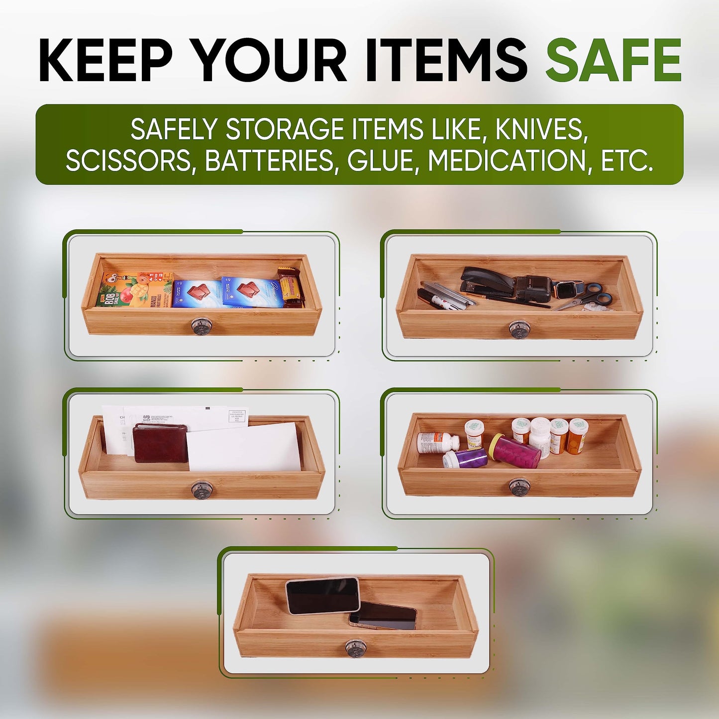 Kid Safe In-Drawer Bamboo Sharp Knives Holder & Organizer. (Knives Not Included). Multi Purpose Lock Box. Only 5.5 Inches Wide. Holds up tp 25 Knives. Best Knife Block Alternative!