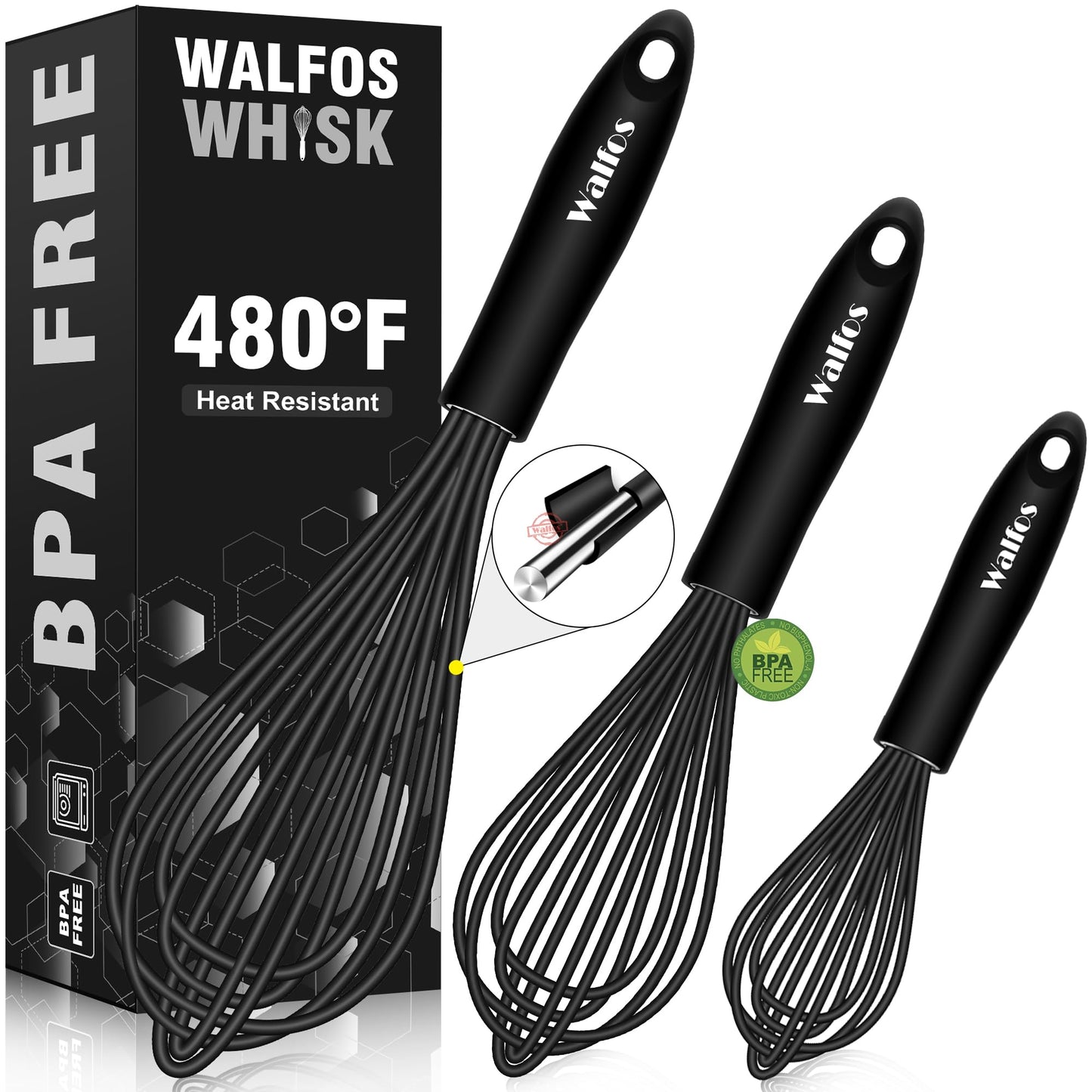 Walfos Silicone Whisk,Stainless Steel Wire Whisk Set of 3 -Heat Resistant 480°F Kitchen Whisks for Non-stick Cookware,Balloon Egg Beater Perfect for Blending,Whisking,Beating,Frothing & Stirring,Black