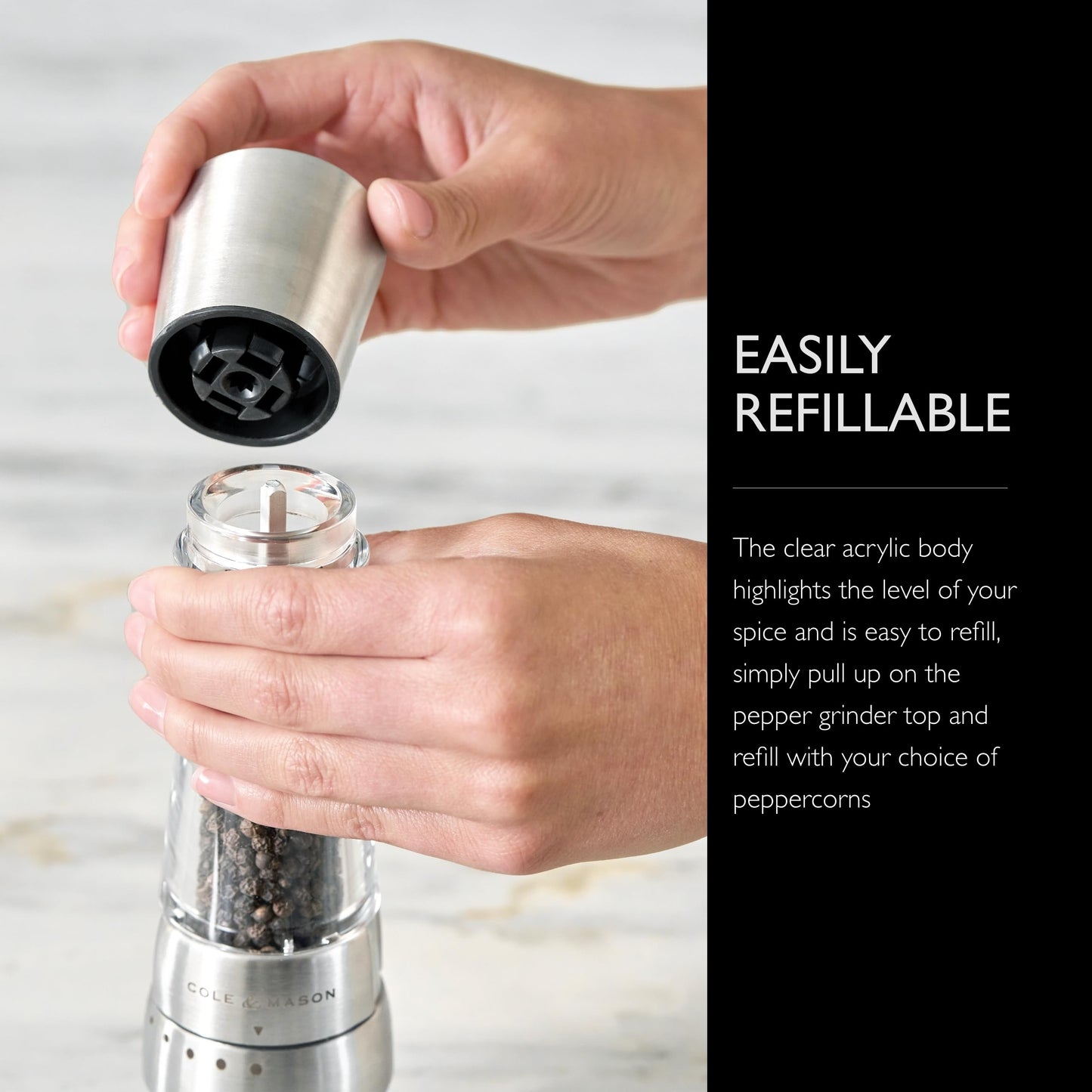 COLE & MASON Derwent Pepper Grinder - Stainless Steel Mill Includes Gourmet Precision Mechanism and Premium Peppercorns