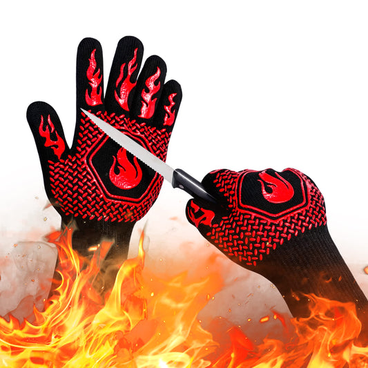 BBQ Fireproof Gloves, Grill Cut-Resistant Gloves 1472°F Heat Resistant Gloves, Non-Slip Silicone Oven Gloves, Kitchen Safe Cooking Gloves for Oven Mitts,Barbecue,Cooking, Frying,13.5 Inch-Red