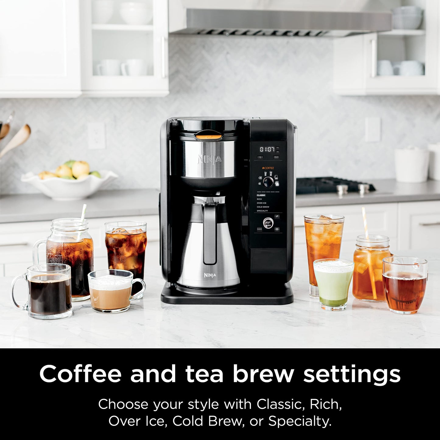 Ninja CP307 Hot and Cold Brewed System, Tea & Coffee Maker, with Auto-iQ, 6 Sizes, 5 Styles, 5 Tea Settings, 50 oz Thermal Carafe, Frother, Coffee & Tea Baskets, Dishwasher Safe Parts, Black