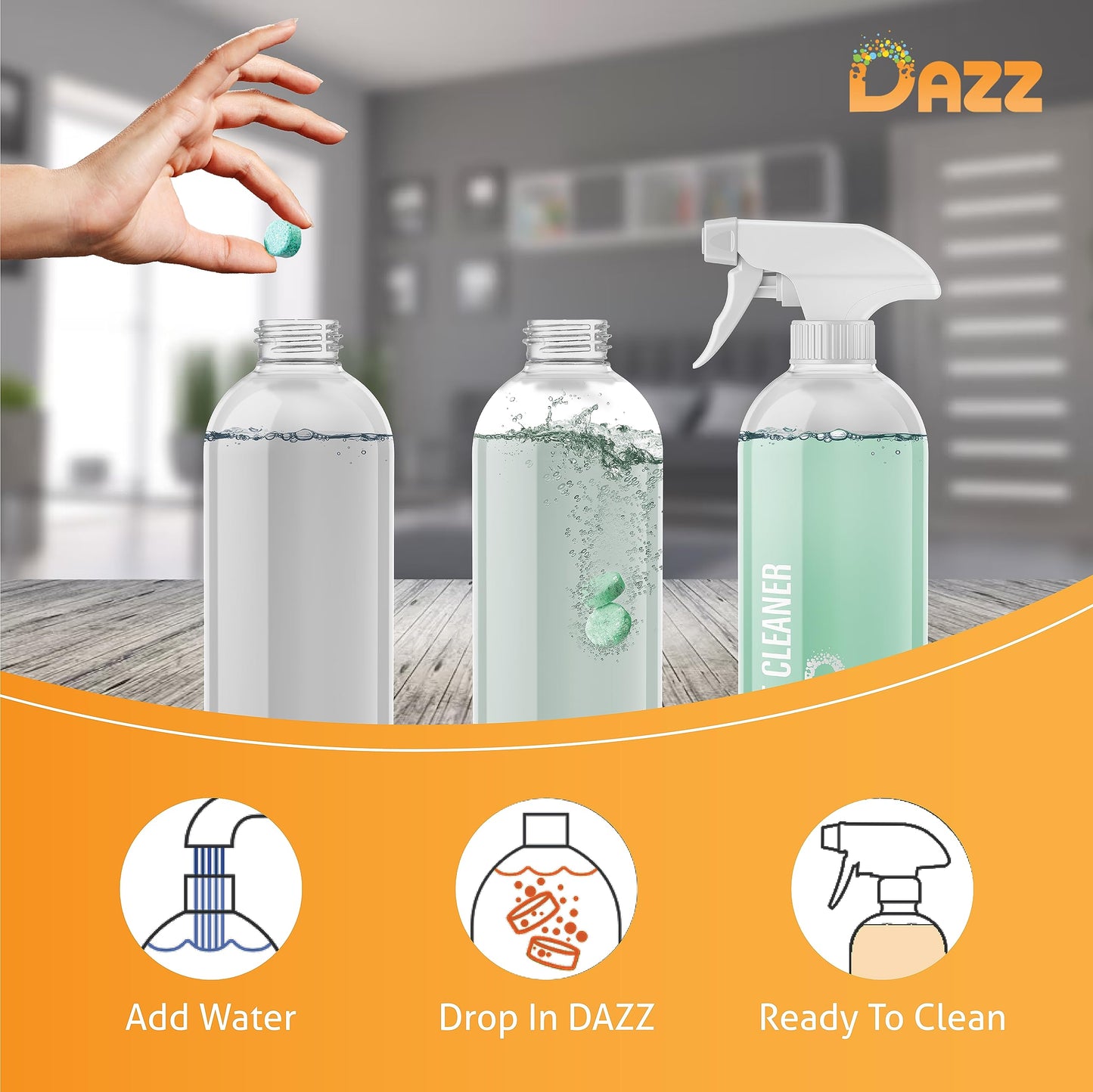 Dazz Whole House Starter Kit (3 Reusable Spray Bottles, 6 Refills) Natural All Purpose Cleaner, Glass and Window Cleaner, and Bathroom Cleaner - Eco Friendly, Non Toxic