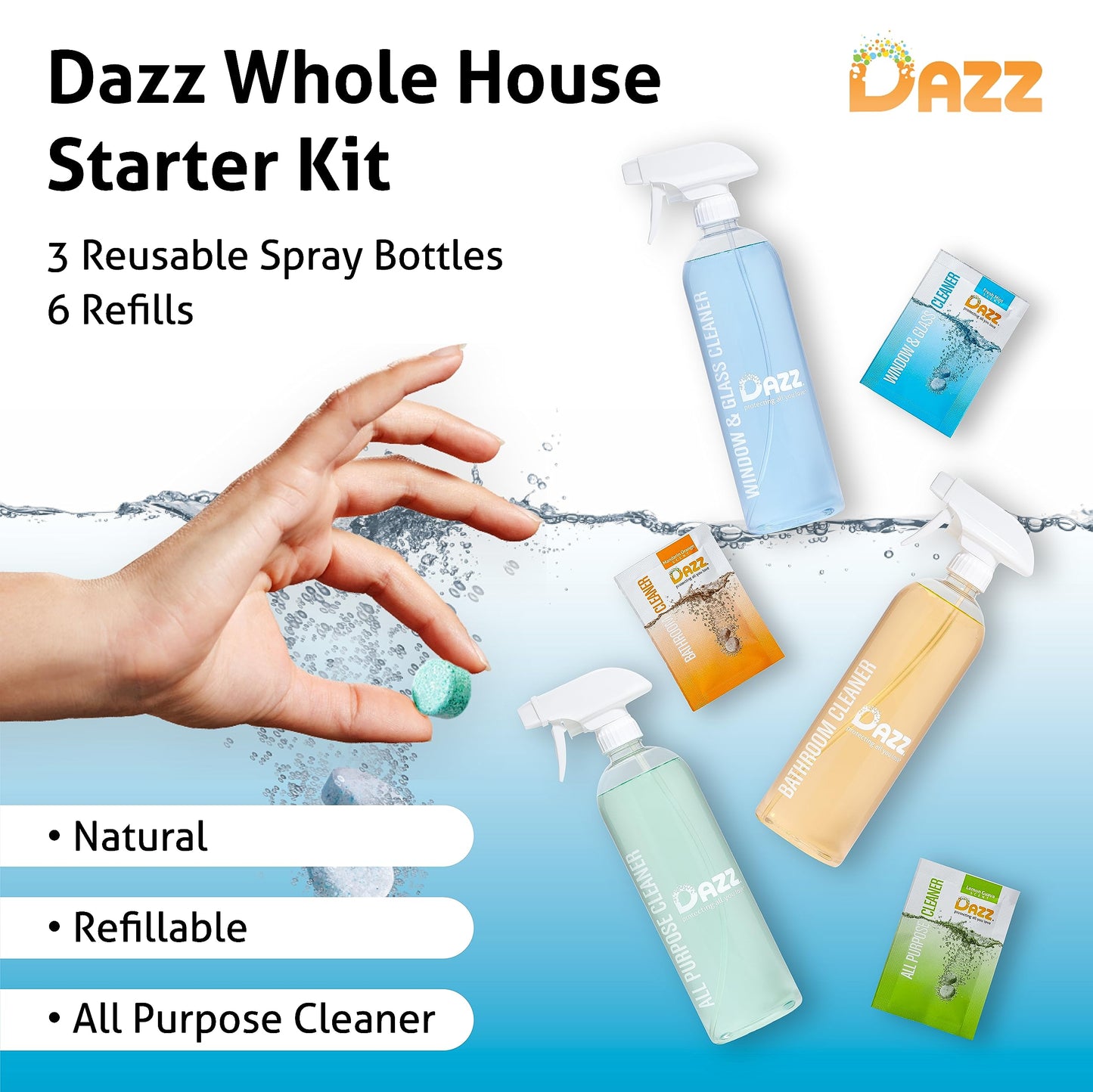 Dazz Whole House Starter Kit (3 Reusable Spray Bottles, 6 Refills) Natural All Purpose Cleaner, Glass and Window Cleaner, and Bathroom Cleaner - Eco Friendly, Non Toxic