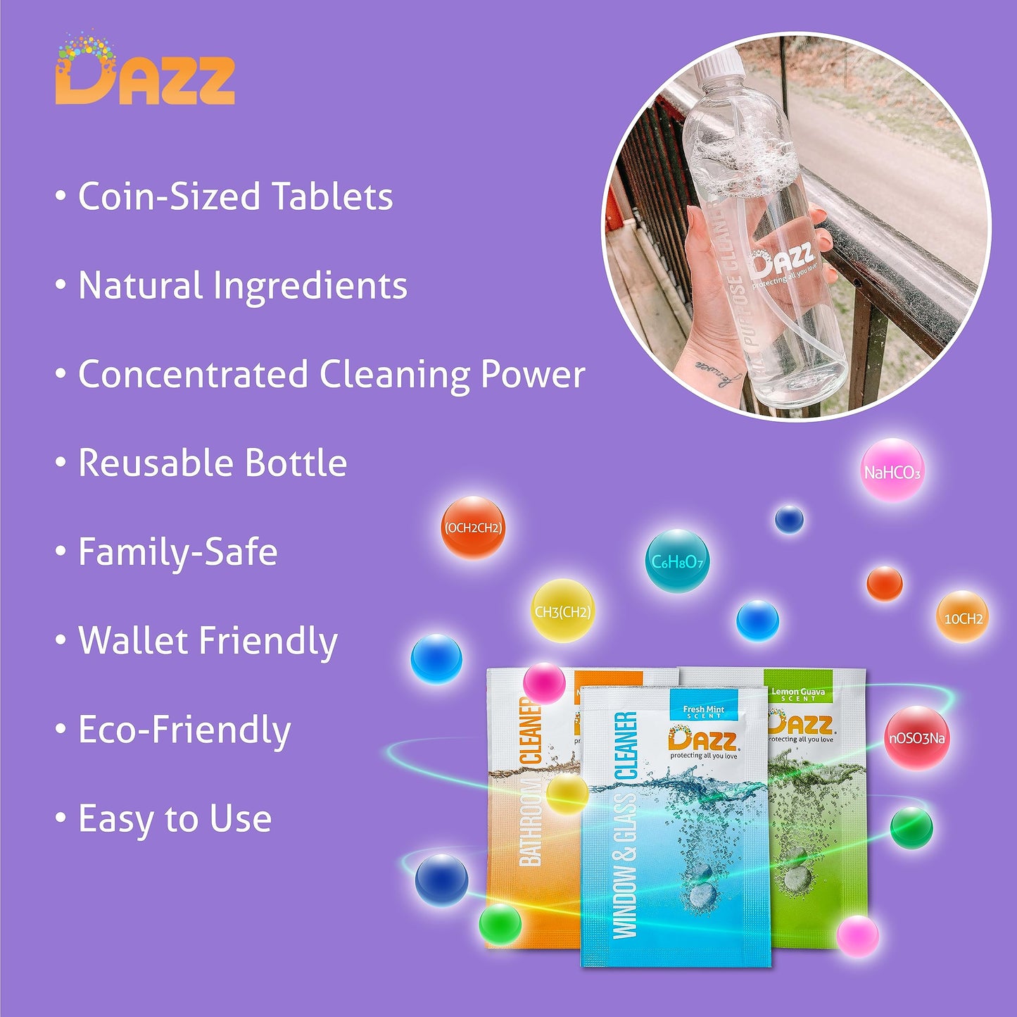 Dazz Whole House Starter Kit (3 Reusable Spray Bottles, 6 Refills) Natural All Purpose Cleaner, Glass and Window Cleaner, and Bathroom Cleaner - Eco Friendly, Non Toxic