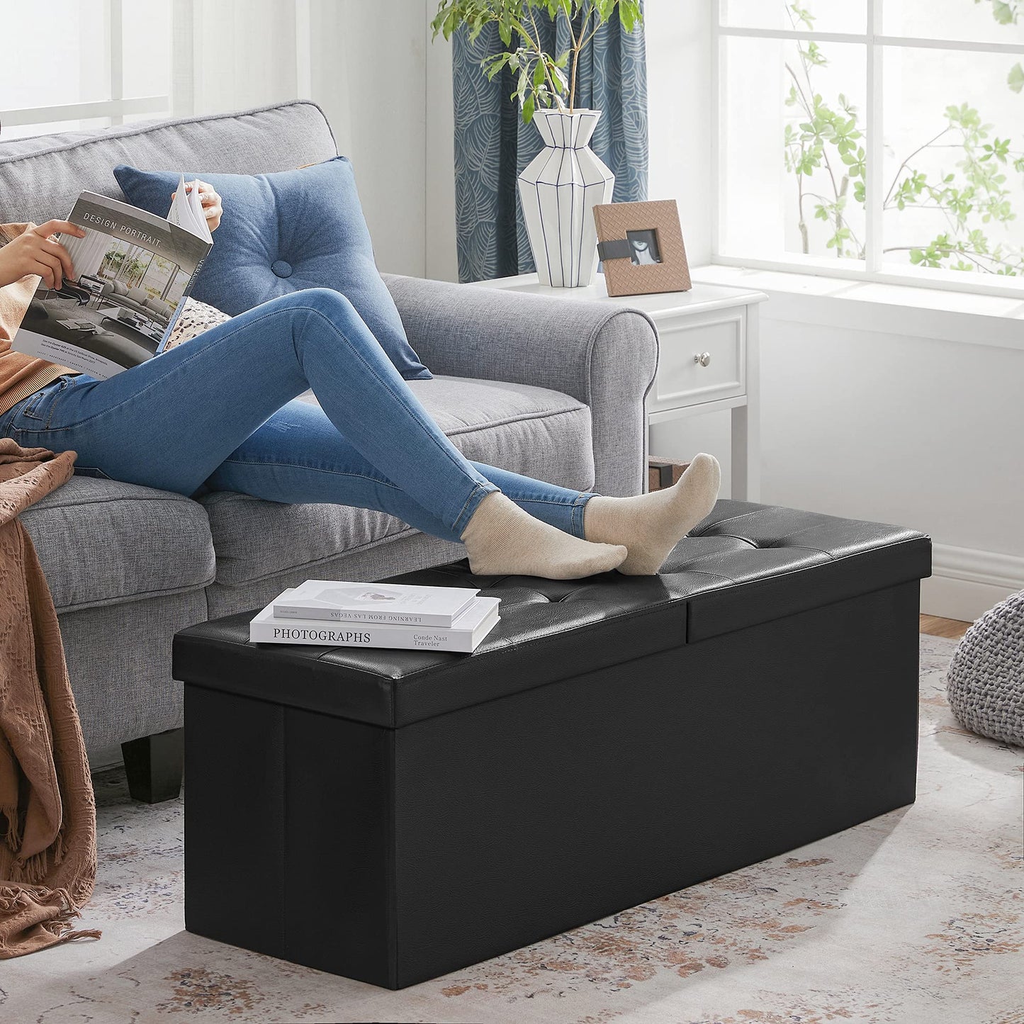 SONGMICS 43 Inches Folding Storage Ottoman Bench with Flipping Lid, Storage Chest Footrest Padded Seat with Iron Frame Support, Black ULSF75BK