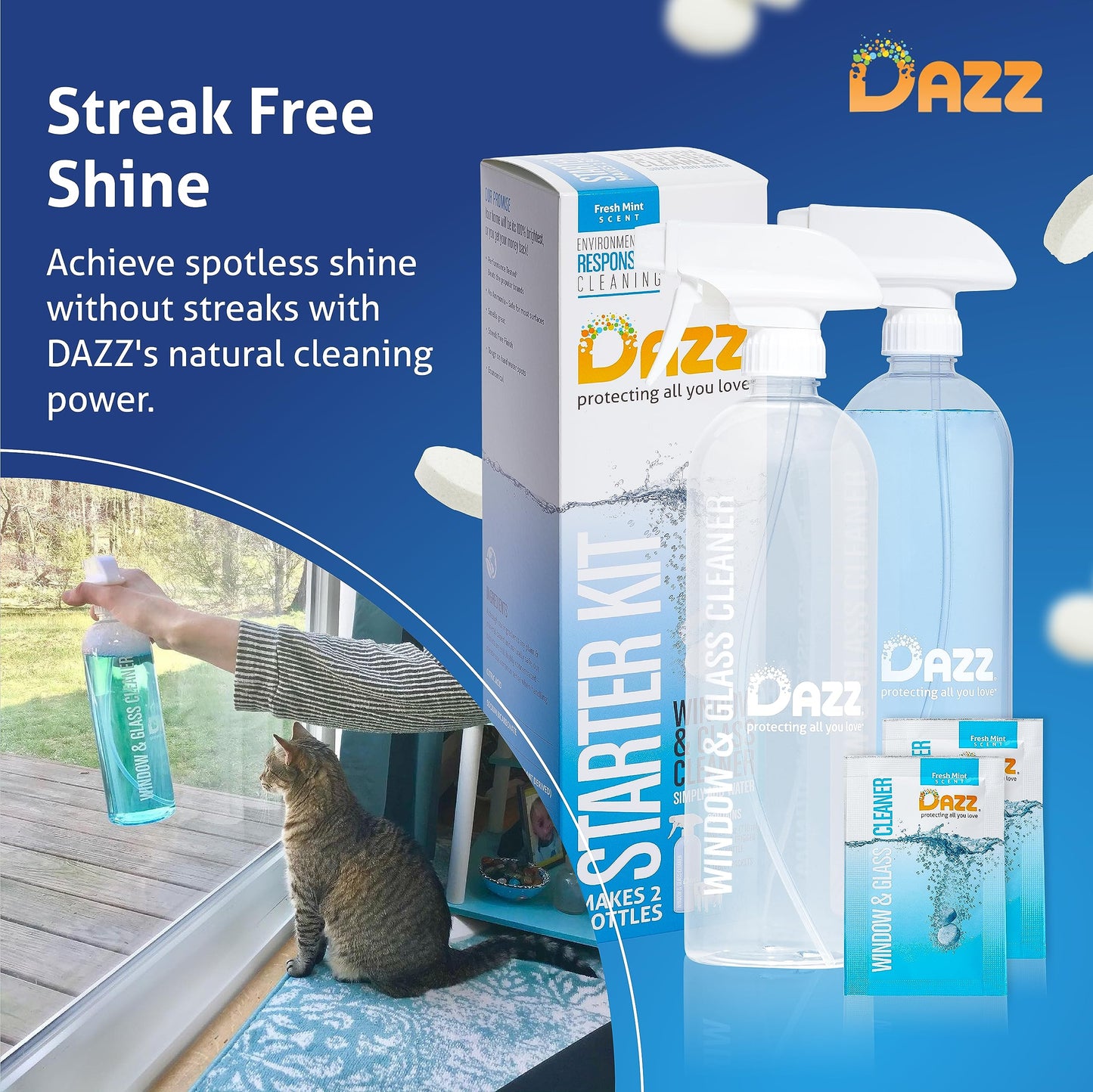 Dazz Whole House Starter Kit (3 Reusable Spray Bottles, 6 Refills) Natural All Purpose Cleaner, Glass and Window Cleaner, and Bathroom Cleaner - Eco Friendly, Non Toxic