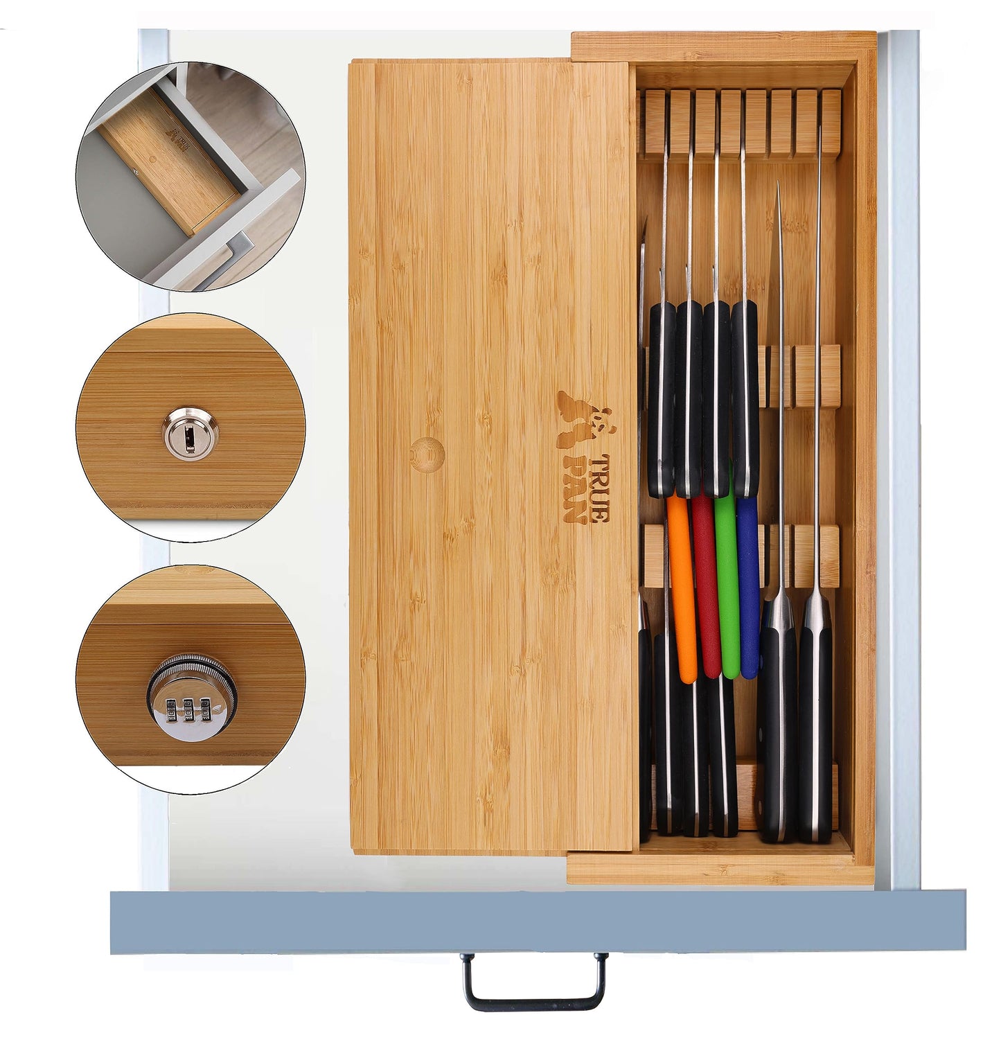 Kid Safe In-Drawer Bamboo Sharp Knives Holder & Organizer. (Knives Not Included). Multi Purpose Lock Box. Only 5.5 Inches Wide. Holds up tp 25 Knives. Best Knife Block Alternative!