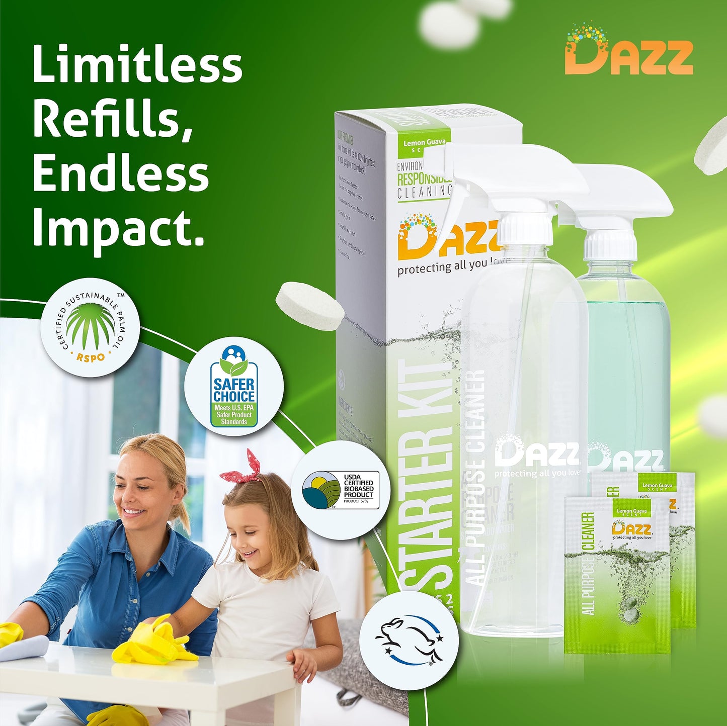 Dazz Whole House Starter Kit (3 Reusable Spray Bottles, 6 Refills) Natural All Purpose Cleaner, Glass and Window Cleaner, and Bathroom Cleaner - Eco Friendly, Non Toxic